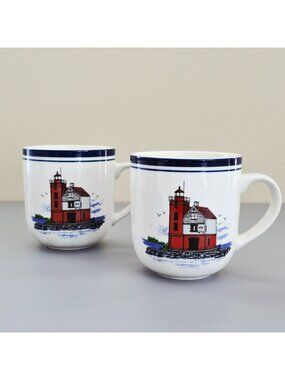 Libbey Lighthouse Coffee Mug Set of 2, Red, Blue & White Nautical Coffee Cups